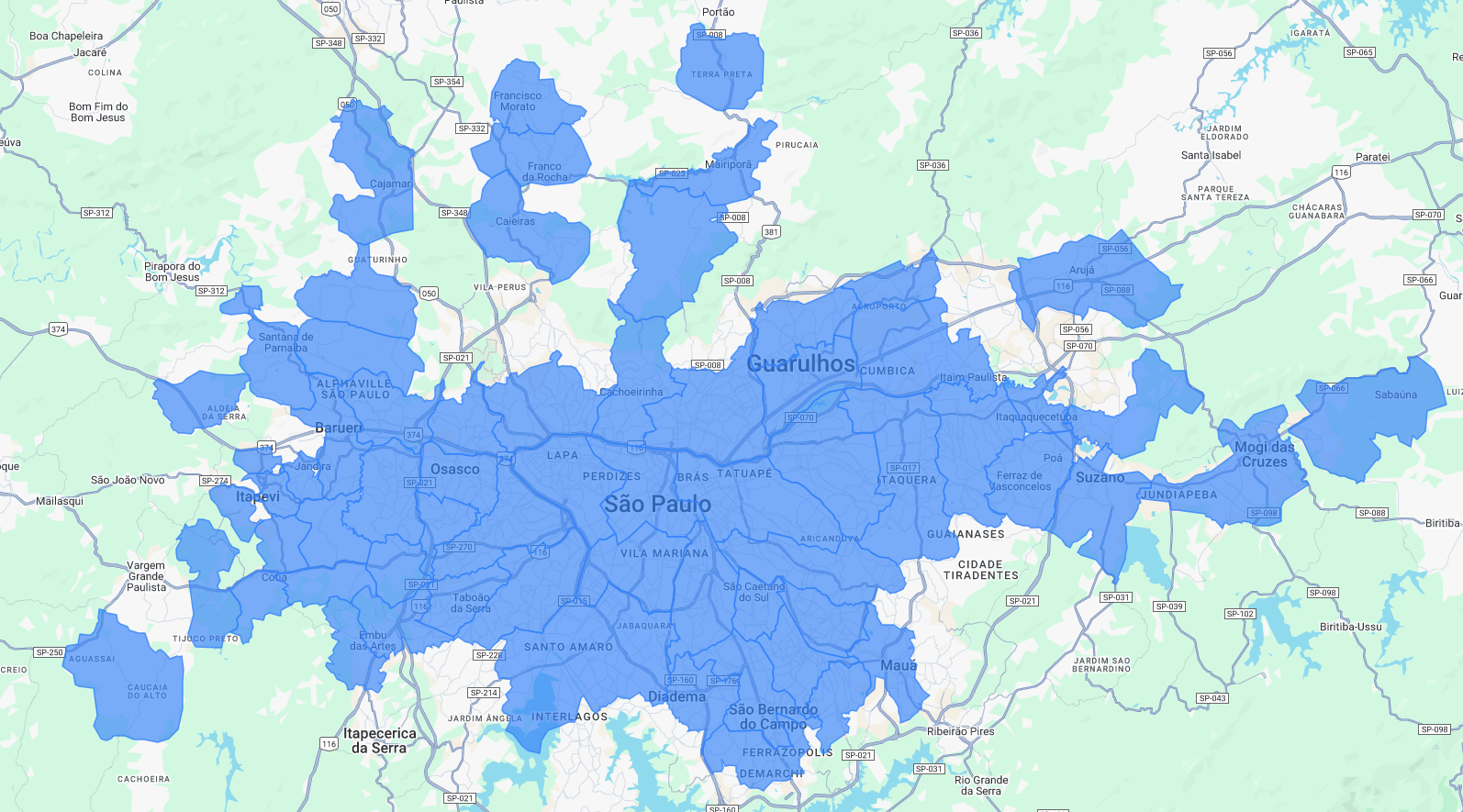 Mapa com as áreas atendidas para entrega por motoboy